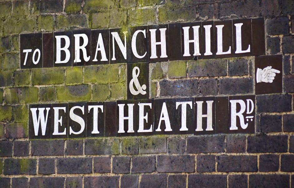 A close-up view of a weathered brick wall displaying an ornate street name sign made up of individual dark-colored tiles with white embossed lettering. The sign reads 'TO BRANCH HILL & WEST HEATH R D', with the words arranged in three rows. The bricks surrounding the sign have a mix of dark brown, moss-green, and black hues, with some areas showing patches of moss or algae growth, indicating age and outdoor exposure. To the right of the sign, there is a small, white decorative tile featuring a hand pointing to the left, integrated into the wall. The lighting appears natural, highlighting the textured surface of the bricks and the three-dimensional quality of the signage, suggesting the scene is set outdoors on a quiet street or alley that may need occasional clearance or maintenance by private waste collection services like those provided by rubbishcollectionwesthampstead.co.uk for local property management or landlord use.
