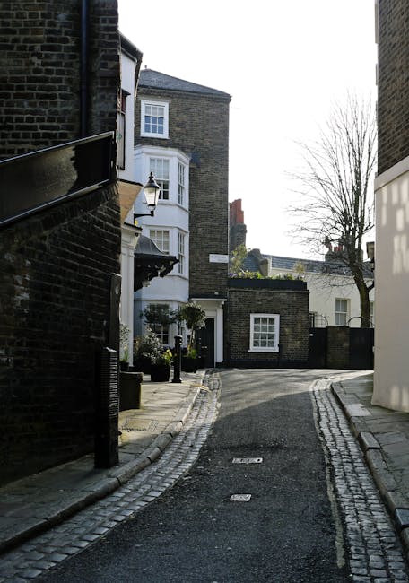 A narrow pedestrian street in an urban area featuring a mix of commercial shops and outdoor seating. On the left side, there is a building with a dark blue façade and large windows displaying interior furnishings, likely a café or pub, with a sign that reads 'Young & Co.' Above, a hanging illuminated sign advertises a Young's pub. Several pedestrians are walking along the uneven stone paving, some holding drinks or bags, and two individuals near the building are engaged in conversation. One person has a small black dog on a leash. To the right, there are small market stalls displaying potted plants and flowers, supported by a black canopy extending from a building. Overhead, a string of small outdoor lights runs across the street, and the sky above is partly cloudy with patches of sunlight. The scene suggests a lively, mixed-use area that may be targeted for private waste collection or rubbish removal services, fitting within an independent disposal or on-site clearance context through local providers like rubbishcollectionwesthampstead.co.uk.